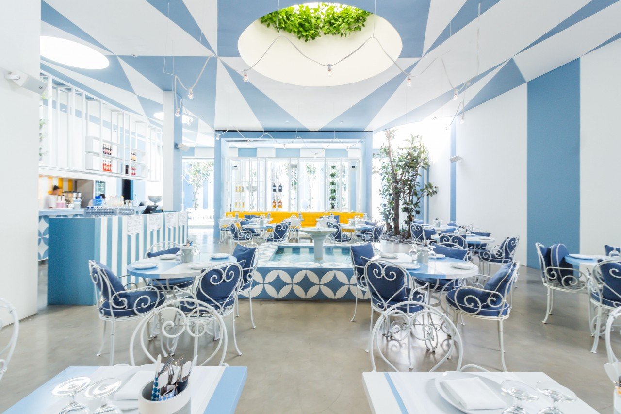 White and blue interior of Da Maria Bali